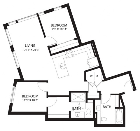 Floor plan for 2 beds, 2 baths, 1055 sqft